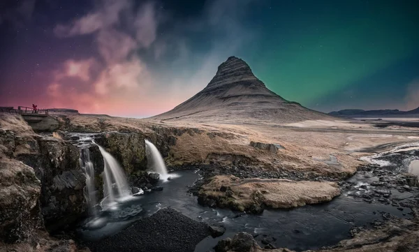 Northern Lights Aurora Borealis Kirkjufell Waterfall Iceland — Stok Foto