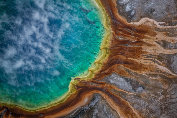 Aerial view of Grand prismatic spring in Yellowstone national park, USA
