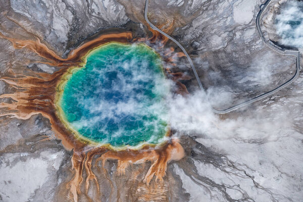 Aerial view of Grand prismatic spring in Yellowstone national park, USA