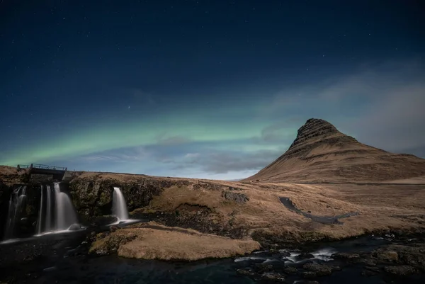 Polarlichter Aurora Borealis Über Dem Kirkjufell Wasserfall Island — Stockfoto