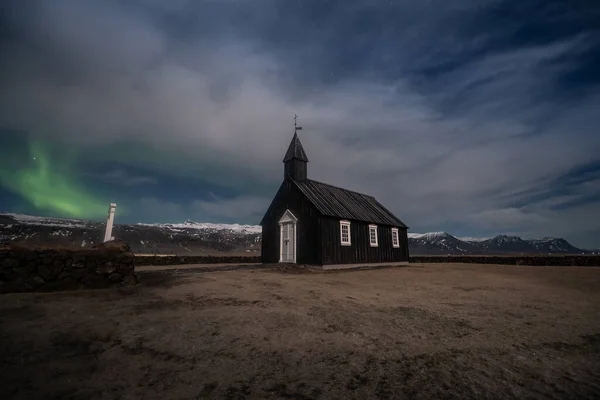 Northern Lights Aurora Borealis Black Church Iceland — Stok Foto