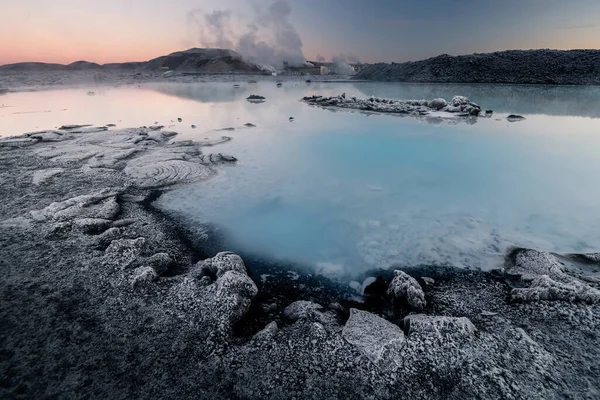 Bela Paisagem Pôr Sol Perto Blue Lagoa Termal Islândia — Fotografia de Stock