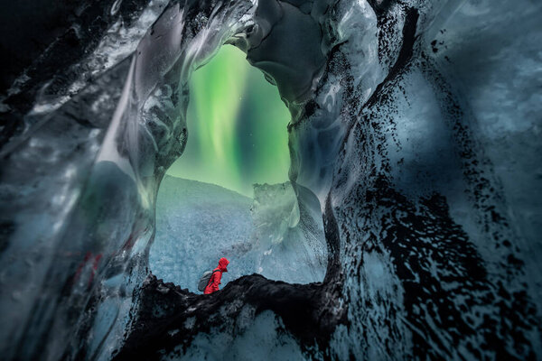 Northern Lights Aurora Borealis Glacier Ice Cave Stock Photo