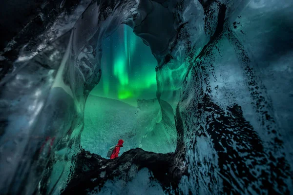 Northern Lights Aurora Borealis Glacier Ice Cave Stock Picture