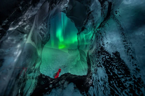 Aurora Boreale Aurora Boreale Sul Ghiacciaio Grotta Ghiaccio Fotografia Stock