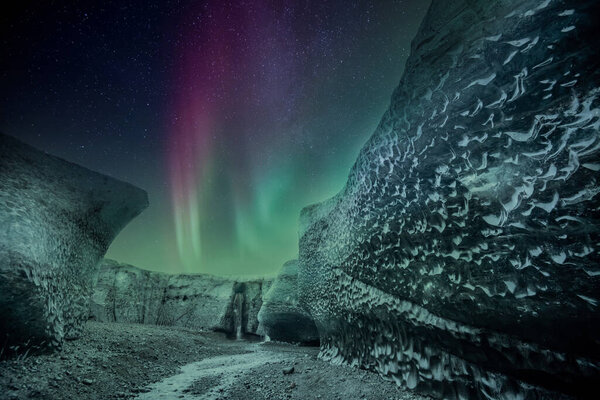 Northern Lights Aurora Borealis Glacier Ice Cave Royalty Free Stock Images