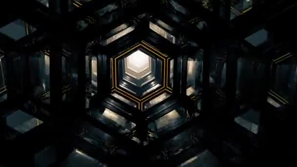 Flug durch abstrakte Hexagon dunklen Tunnel mit geloopten Animation Stahl Textur und orangefarbenem Licht. Langsame Bewegung unter der Erde im Technologie-Tunnel. 4k nahtlose Schleife. — Stockvideo