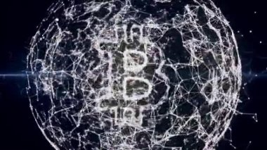 Bir çizgiden alanda bitcoin simgesi olan beyaz pleksus geometrik, soyut ve nokta ya da düğümleri. 4k Ultra Hd 3840 x 2160 Video klip Başkalaşmak ve8 satırlarından, soyut amorf şeklinin