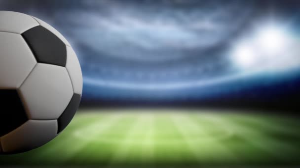 Soccer score background, ball rotates against the stadium background in the left side. Space for title or logo, soccer background 4K Ultra HD 3840x2160 Football Seamless Looping Animation — Stock Video