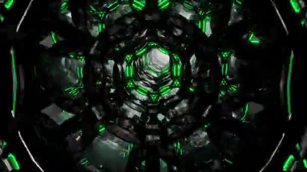 Fondo de movimiento abstracto digital futurista Vuelo a través de un túnel abstracto sin fin de anillos negro-verdes. Vídeo 3D en bucle en 4K . — Vídeos de Stock