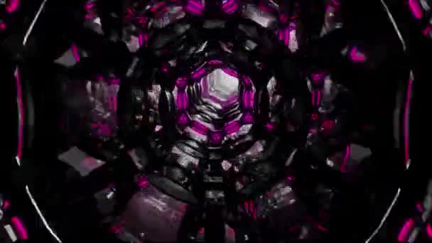 Vuelo a través de un túnel abstracto sin fin de anillos de color púrpura-negro. Vídeo 3D en bucle en 4K . — Vídeo de stock