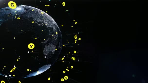 Цифровой земной шар окружен золотыми монетами биткойна в цифровой сети 3D выстрел в 4K — стоковое видео
