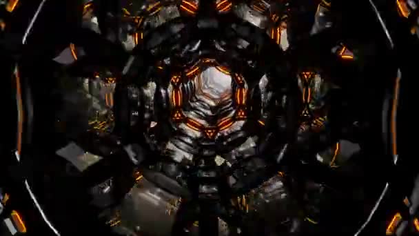 Resumo fundo de movimento digital futurista Voe através de um tubo abstrato infinito de anéis laranja-pretos. Looped 3D vídeo em 4K . — Vídeo de Stock
