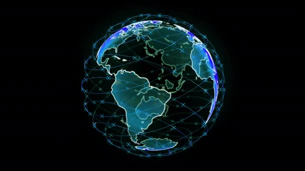 Παγκόσμιο δίκτυο σύνδεσης στον κόσμο αφηρημένη 3D καθιστώντας δορυφόρους Starlink. δορυφόροι δημιουργούν ένα web ή Skybridge γύρω από τον πλανήτη μεταφέρουν πολυπλοκότητα μεγάλα δεδομένα πλημμυρίζουν το σύγχρονο ψηφιακό — Αρχείο Βίντεο