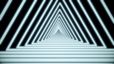 Renkli kireç yeşili çizgiler kesişiyor ve siyah arkaplanda neon üçgen tünel oluşturuyor. Dar neon çizgilerin geometrik arka planı. 3d görüntüleme 4k.