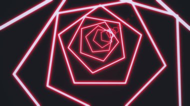 Renkli kireç yeşili çizgiler siyah arkaplanda neon beşgen tüneli oluşturuyor. Dar neon çizgilerin geometrik arka planı. 3d görüntüleme 4k.