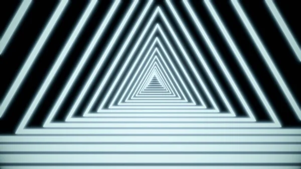 Πολύχρωμες ασβεστοπράσινες γραμμές διασχίζουν και σχηματίζουν τριγωνικό τούνελ νέον σε μαύρο φόντο. Γεωμετρικό υπόβαθρο στενών διαβρωμένων λωρίδων νέον. 3D απόδοση 4k βίντεο. — Φωτογραφία Αρχείου