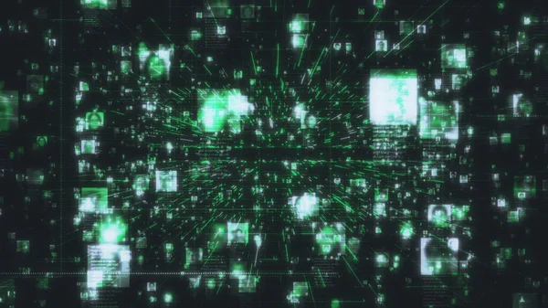 Artificial intelligence concept background as motion in the searching stream of human portraits connected by dark green network grid in social network. 3D rendering 4K — Stock Photo, Image