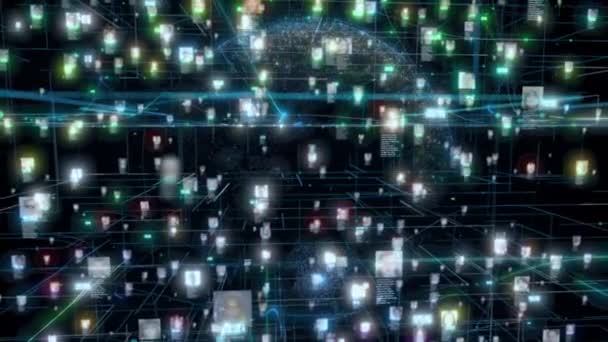 Muchas personas imágenes en el ciberespacio en el concepto de redes sociales con flujo de datos grandes de personas se enfrenta vinculados entre sí por líneas de luz verde en el fondo del modelo de planeta, 3d renderizado 4K — Vídeos de Stock