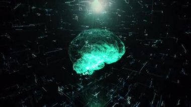 Beynin dönen hologramı. Hareket eden çizgiler, noktalar ve üçgenlerle soyut geometrik arkaplan. İnsan beyninin bilimsel anatomi taraması. 3d hazırlayıcı