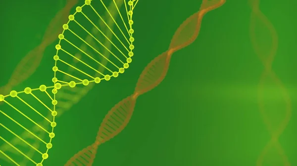 Absztrakt zöld csillogó DNS dupla spirál mélységélességgel. Animáció a DNS konstrukció törmelékek 3D-s renderelés. Tudományos animáció. Genom futurisztikus felvételek. A genetika koncepcionális kialakítása — Stock Fotó