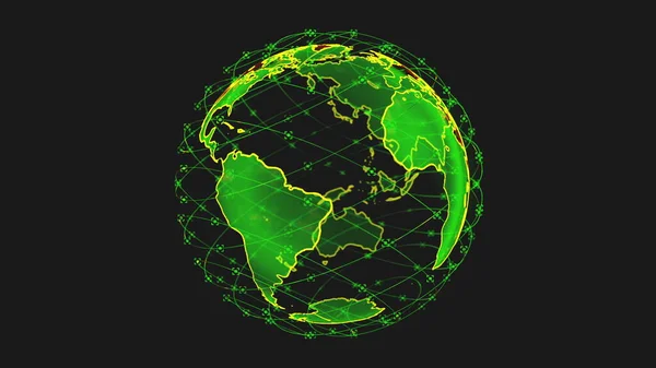 数字地球数据全球抽象3D渲染卫星星联视频网络连接世界.卫星在行星周围形成一个网络或天桥，传送复杂的海量数据 — 图库照片
