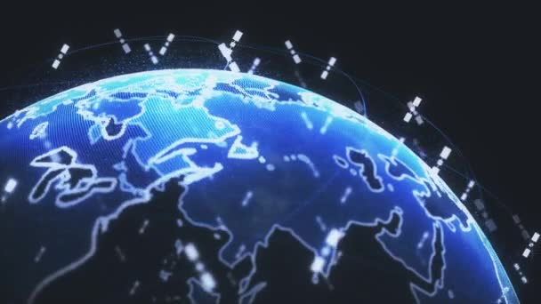 Wireless internet data wifi connectivity by a global system of telecommunication satellites in render concept animation on black background in 4K — 비디오