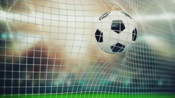 3D animáció egy foci gól pillanatáról. Egy labda a fénysugarakban belerepül a kapuba lassított felvételben a fénysugarakban. Sportkoncepció. 3 d visszaadás. — Stock videók