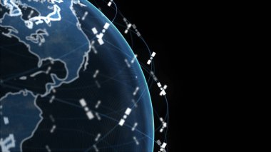 4k siyah arka plan 3d render kavram animasyon telekomünikasyon uyduları küresel bir sistem tarafından kablosuz internet veri wifi bağlantısı