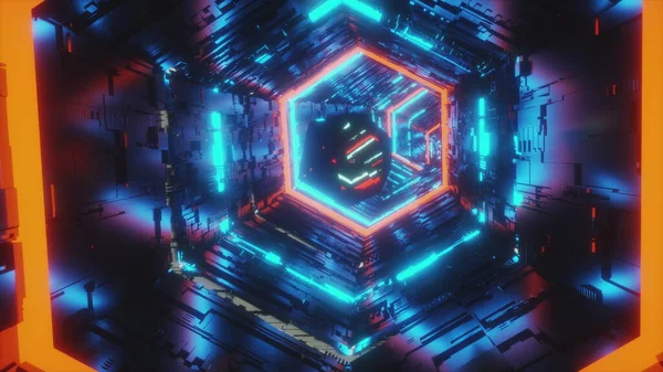 Video astratto di movimento sullo sfondo di una gemma speculare che si muove nel centro del tunnel esagonale di luci al neon blu e rosse. Animazione rendering 3d in 4K . — Foto Stock