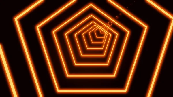 Garis neon merah cerah adalah persimpangan dan membentuk terowongan pentagon pada latar belakang hitam. Latar belakang seni, komersial dan bisnis konsep gerak neon sempit melintasi garis-garis. Video 3D rendering 4k . — Stok Foto