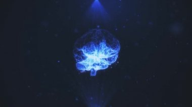 Sinirsel ağ modeli. İnsan beyninin hologramı mavi ışınlar içinde ışık parçacıkları arasında döner. Yapay Zeka. Yapay Zeka. 3d hazırlayıcı