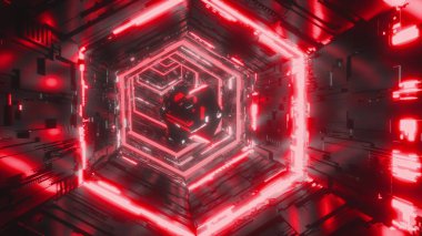 Parlak kırmızı neon altıgen tünelde uçan bir aynasal mücevher soyut arka plan. Sanat, ticari ve iş konsepti. 3d render animasyon sorunsuz 4k video.
