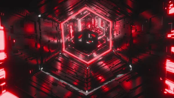 Abstracte achtergrond van een spiegelend juweeltje dat door de felle rode neon zeshoekige tunnel vliegt. Kunst, commercieel en bedrijfsconcept. 3D rendering animatie naadloze 4k video. — Stockfoto