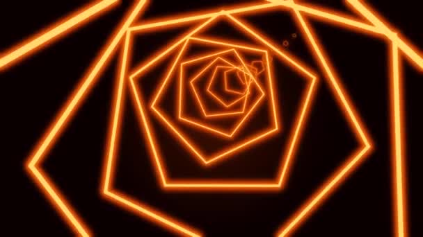 Túnel geométrico abstrato de pentágonos de néon sobre um fundo preto formado por listras cruzadas estreitas verdes coloridas. Arte, comercial e conceito de negócios fundo movimento. 3D renderização animada vídeo 4K . — Vídeo de Stock