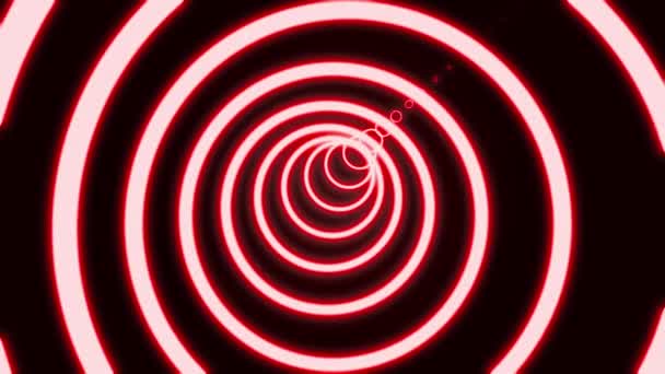 Jasně zelené neonové linie přecházejí a tvoří kruhový tunel na černém pozadí. Geometrické pozadí úzkých neonových pruhů. 3D vykreslování 4k videa. — Stock video
