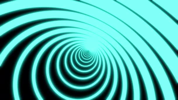 Созданный компьютером туннель неоновых кругов на черном фоне, состоящий из движущихся синих узких пересеченных полос. Искусство, коммерческая и деловая концепция движения назад. 3D рендеринг 4K видео . — стоковое видео