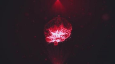 İnsan beyninin MR 'ı. İnsan beyninin hologramı mor renkte ışık parçacıkları arasında döner.