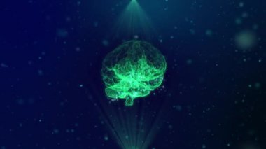 Yapay Zeka. Yapay Zeka. Sinirsel ağ modeli. İnsan beyninin hologramı gök mavisi ışınlarındaki ışık parçacıkları arasında döner. Yapay Zeka. Yapay Zeka. 3d hazırlayıcı
