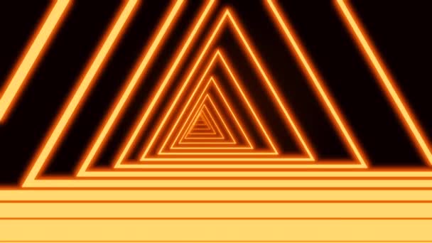 Dator genereras abstrakt neon triangel tunnel bestående av rörliga linjer i gul färg på svart bakgrund, 3D-rendering 4k video. — Stockvideo