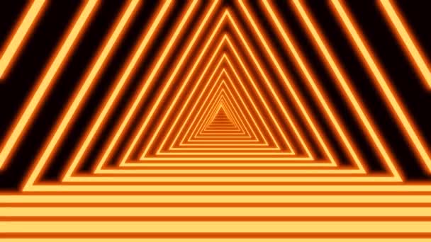 Abstract geometric tunnel of neon triangles on a black background formed by colorful azure narrow crossed stripes. 3D rendering 4K video. — Stock Video