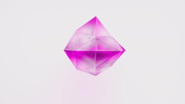 Renkli pembe bir çokyüzlü beyaz arka planda rastgele dönüşüyor. Sanat, iş ve teknoloji projesi için dinamik zemin. Kusursuz 3D görüntüleme 4k.