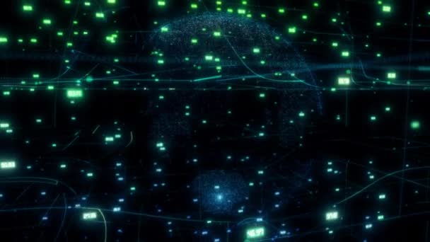 concept de technologie informatique de l'internet des objets IOT et l'échange de mégadonnées en utilisant l'intelligence artificielle IA se déplaçant sur un modèle de la terre de rendu 3D en arrière-plan de l'espace noir comme rendre la vidéo 4K avec