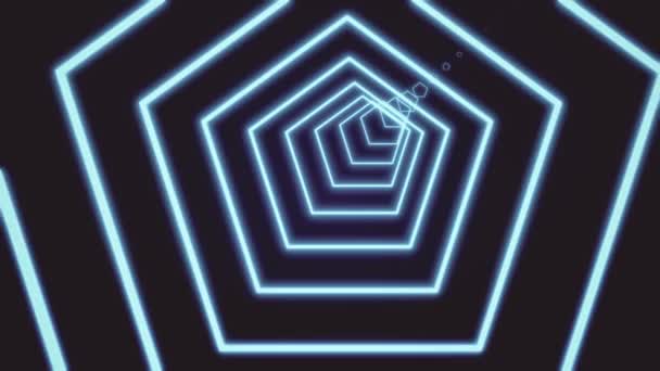 Beautiful abstract pentagon tunnel composed of bright blue neon light lines. Black background futuristic neon tunnel. Looped 3d rendering animation art concept in 4K — 비디오