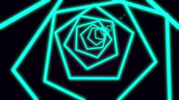 Computer generated abstract neon pentagon tunnel consisting of moving colorful lines in green color on black background, 3D rendering 4k video. — Stock Video