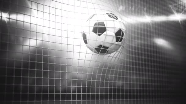 Die Wirkung des alten Schwarz-Weiß-Shootings. Vor dem Hintergrund der Tribünen fliegt ein Fußballball ins Tor. 3D-Darstellung. — Stockvideo