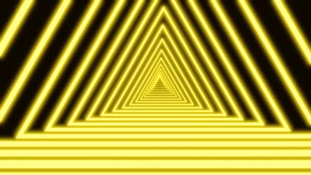 Bright green neon lines are crossing and forming triangle tunnel on black background. Geometric background of narrow neon crossed stripes. 3D rendering 4k video. — Stock Video