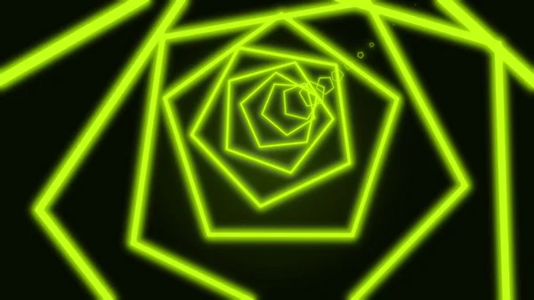 Tunnel geometrico generato al computer di pentagoni al neon su uno sfondo nero costituito da linee incrociate strette blu brillante in movimento. Arte, commerciale e il concetto di business movimento sfondo. Rendering 3D — Foto Stock