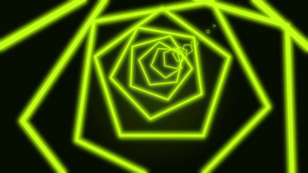 Komputer dihasilkan terowongan geometris neon pentagons pada latar belakang hitam terdiri dari bergerak azure terang sempit garis silang. Seni, komersial dan bisnis konsep latar belakang gerak. Perender 3D — Stok Foto