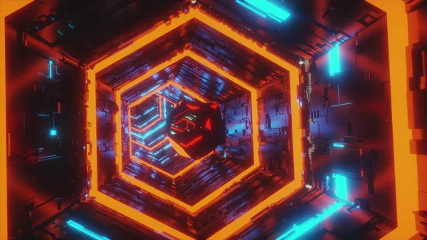 Abstraite vidéo de mouvement de fond d'un joyau spéculaire se déplaçant au centre du tunnel hexagonal de lumières néons bleu vif et rouge. Animation de rendu 3d en 4K . — Photo